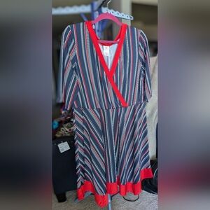 Handkerchief faux wrap dress, blue and red, size 2x